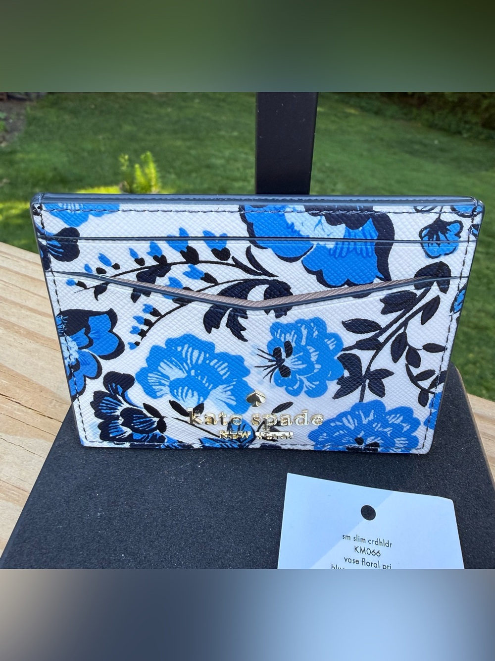 kate spade Blue and Black Floral Card Holder with Gold Logo